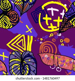 Hand drawn seamless pattern with tropical leaves: palms, monstera, passion fruit. Beautiful print with hand drawn exotic plants and abstract elements. Swimwear  design. Vector for any purposes