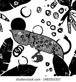 Hand drawn seamless pattern with tropical leaves: palms, monstera, passion fruit. Beautiful print with hand drawn exotic plants and abstract elements. Swimwear  design. Vector for any purposes