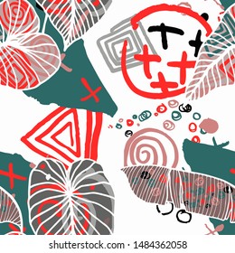 Hand drawn seamless pattern with tropical leaves: palms, monstera, passion fruit. Beautiful print with hand drawn exotic plants and abstract elements. Swimwear  design. Vector for any purposes