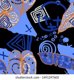 Hand drawn seamless pattern with tropical leaves: palms, monstera, passion fruit. Beautiful print with hand drawn exotic plants and abstract elements. Swimwear  design. Vector for any purposes