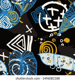 Hand drawn seamless pattern with tropical leaves: palms, monstera, passion fruit. Beautiful print with hand drawn exotic plants and abstract elements. Swimwear  design. Vector for any purposes