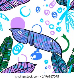 Hand drawn seamless pattern with tropical leaves: palms, monstera, passion fruit. Beautiful print with hand drawn exotic plants and abstract elements. Swimwear  design. Vector for any purposes