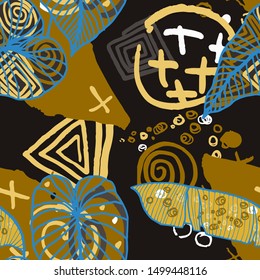 Hand drawn seamless pattern with tropical leaves: palms, monstera, passion fruit. Beautiful print with hand drawn exotic plants and abstract elements. Swimwear  design. Vector for any purposes