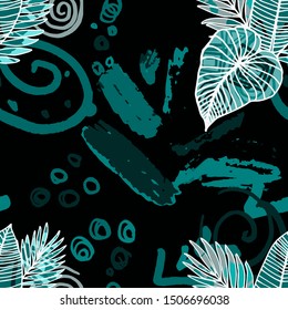 Hand drawn seamless pattern with tropical leaves: palms, monstera, passion fruit. Beautiful print with hand drawn exotic plants and abstract elements. Swimwear  design. Vector for any purposes