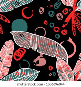 Hand drawn seamless pattern with tropical leaves: palms, monstera, passion fruit. Beautiful print with hand drawn exotic plants and abstract elements. Swimwear  design. Vector for any purposes