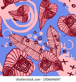 Hand drawn seamless pattern with tropical leaves: palms, monstera, passion fruit. Beautiful print with hand drawn exotic plants and abstract elements. Swimwear  design. Vector for any purposes