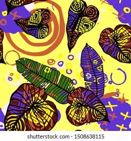 Hand drawn seamless pattern with tropical leaves: palms, monstera, passion fruit. Beautiful print with hand drawn exotic plants and abstract elements. Swimwear  design. Vector for any purposes