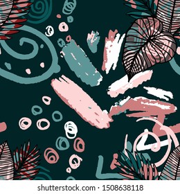 Hand drawn seamless pattern with tropical leaves: palms, monstera, passion fruit. Beautiful print with hand drawn exotic plants and abstract elements. Swimwear  design. Vector for any purposes