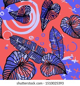 Hand drawn seamless pattern with tropical leaves: palms, monstera, passion fruit. Beautiful print with hand drawn exotic plants and abstract elements. Swimwear  design. Vector for any purposes