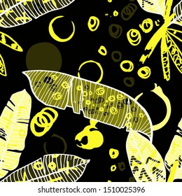 Hand drawn seamless pattern with tropical leaves: palms, monstera, passion fruit. Beautiful print with hand drawn exotic plants and abstract elements. Swimwear  design. Vector for any purposes