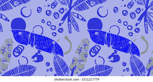 Hand drawn seamless pattern with tropical leaves: palms, monstera, passion fruit. Beautiful print with hand drawn exotic plants and abstract elements. Swimwear  design. Vector for any purposes
