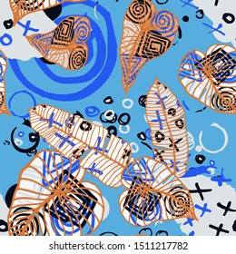 Hand drawn seamless pattern with tropical leaves: palms, monstera, passion fruit. Beautiful print with hand drawn exotic plants and abstract elements. Swimwear  design. Vector for any purposes