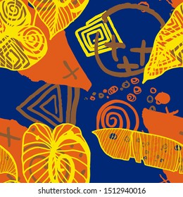 Hand drawn seamless pattern with tropical leaves: palms, monstera, passion fruit. Beautiful print with hand drawn exotic plants and abstract elements. Swimwear  design. Vector for any purposes