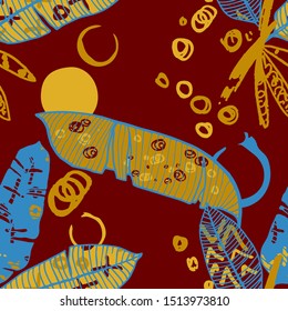 Hand drawn seamless pattern with tropical leaves: palms, monstera, passion fruit. Beautiful print with hand drawn exotic plants and abstract elements. Swimwear  design. Vector for any purposes