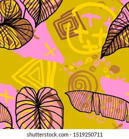 Hand drawn seamless pattern with tropical leaves: palms, monstera, passion fruit. Beautiful print with hand drawn exotic plants and abstract elements. Swimwear  design. Vector for any purposes