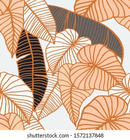 Hand drawn seamless pattern with tropical leaves: palms, monstera, passion fruit. Beautiful allover print with hand drawn exotic plants. Swimwear botanical design. Vector for any purposes