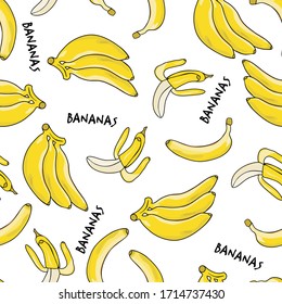 Hand drawn seamless pattern with tropical fruit banana. Summer illustration banana. Desing for textile, clothes.