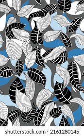 Hand drawn seamless pattern of tropical leafs in blue shade. Can be used as a textile design