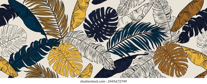 Hand drawn seamless pattern with tropical leaves: palm trees, monstera. Beautiful print with hand drawn exotic plants. Botanical swimwear design. Vector for all purposes