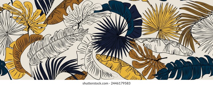 Hand drawn seamless pattern with tropical leaves: palm trees, monstera. Beautiful print with hand drawn exotic plants. Botanical swimwear design. Vector for all purposes