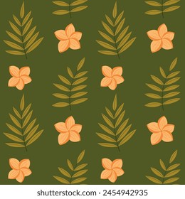 Hand drawn seamless pattern with tropical palm leaves and flowers. Botanical repeating background