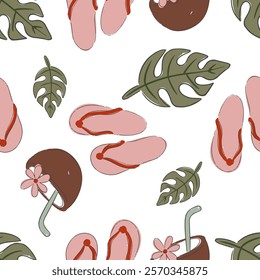 Hand drawn seamless pattern tropical elements like flip flops and leaves, coconuts vector illustration