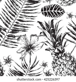 Hand drawn Seamless pattern with Tropical Palm Leaves, Flowers and Pineapples