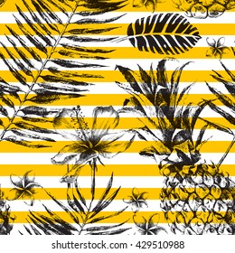 Hand drawn Seamless pattern with Tropical Palm Leaves, Flowers and Pineapples