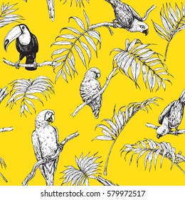 Hand drawn seamless pattern with tropical birds and palm fronds on orange background. Black and white images of parrots and toucan sitting on branches. Vector sketch.