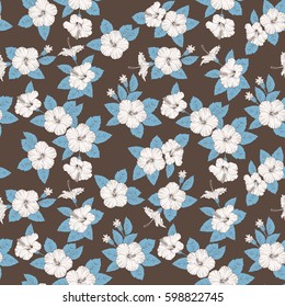 Hand drawn seamless pattern with tropical hibiscus flowers. Tropic beautiful background. Vector illustration.