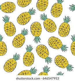Hand drawn seamless pattern with tropical and exotic  fruits isolated on white background in unique trendy organic style. Vector illustration for menu design, packaging, textile, paper, background.