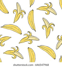 Hand drawn seamless pattern with tropical and exotic  fruits isolated on white background in unique trendy organic style. Vector illustration for menu design, packaging, textile, paper, background.