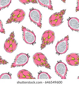 Hand drawn seamless pattern with tropical and exotic  fruits isolated on white background in unique trendy organic style. Vector illustration for menu design, packaging, textile, paper, background.