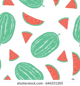 Hand drawn seamless pattern with tropical and exotic  fruits isolated on white background in unique trendy organic style. Vector illustration for menu design, packaging, textile, paper, background.