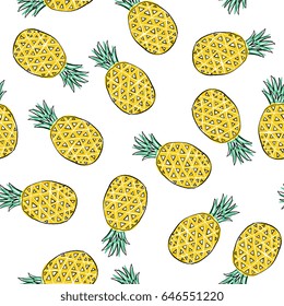 Hand drawn seamless pattern with tropical and exotic  fruits isolated on white background in unique trendy organic style. Vector illustration for menu design, packaging, textile, paper, background.