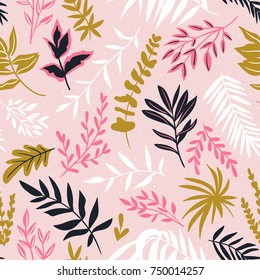 Hand drawn seamless pattern with tropical leaves. Botanical vector repeating background. Simple stylish design.