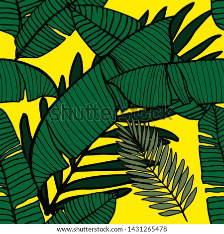 Hand drawn seamless pattern with tropical leaves: palms, monstera, passion fruit. Beautiful allover print with hand drawn exotic plants. Swimwear botanical design. Vector for any purposes
