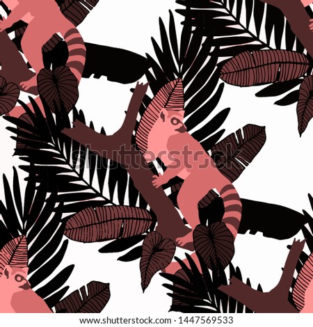 Hand drawn seamless pattern with tropical leaves: palms, monstera, passion fruit. Beautiful allover print with hand drawn exotic plants and animals. Swimwear botanical design. Vector for any purposes