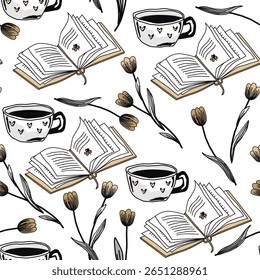 Hand drawn seamless pattern with tulip flowers and open book, doodle sketch drawing. Vector vintage book isolated on white background. Graphic illustration
