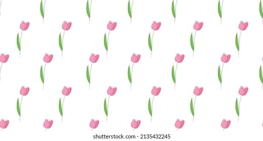 Hand drawn seamless pattern with tulips in line art style with pink and green spots. Spring and garden theme. Simple vector illustration for card, poster, print, banner, invitation, fabric, textile.