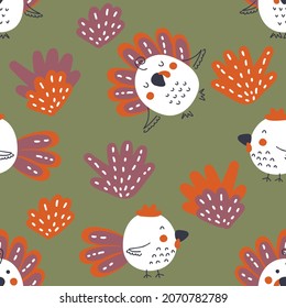 Hand drawn seamless pattern with turkeys and roosters. Perfect for T-shirt, postcard, textile and print. Doodle vector illustration for decor and design.
