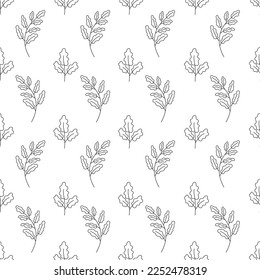 Hand drawn seamless pattern of twig with leaves. Isolated on white background