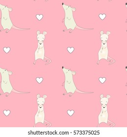 Hand drawn seamless pattern of two mice in love with tiny hearts between them.

