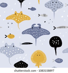 Patrón sin manchas con criaturas submarinas. Fondo infantil creativo con peces y piedras para tela, textil, tapicería, decoración, pinturas. Ilustración del vector