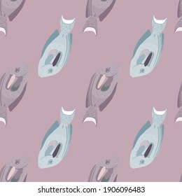 Hand drawn seamless pattern with underwater sea surgeon fish ornament. Pale pink background. Decorative backdrop for fabric design, textile print, wrapping, cover. Vector illustration
