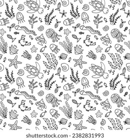 Hand drawn seamless pattern with underwater animals. Ocean, sea life. Nautical background. Vector illustration