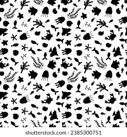 Hand drawn seamless pattern with underwater animals. Ocean, sea life. Nautical background. Vector illustration