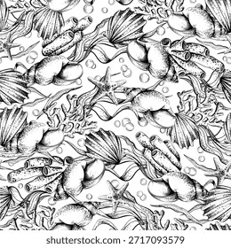 Hand drawn seamless pattern of underwater life with various decorative shell, coral, and seaweed elements. Ocean background for textile or wallpaper. Outline graphic illustration