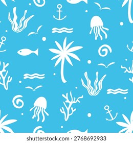 Hand drawn seamless pattern with underwater animals and plant. Ocean, sea life. Nautical background. Vector illustration.Summer vacation print for fabric, website backdrop, wallpaper, neoteric vector background