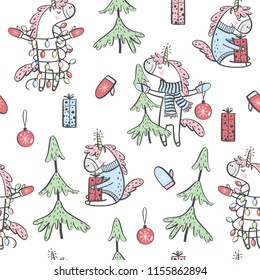 Hand drawn seamless pattern with Unicorn and Christmas tree. Design for textile or packaging. Vector illustration.